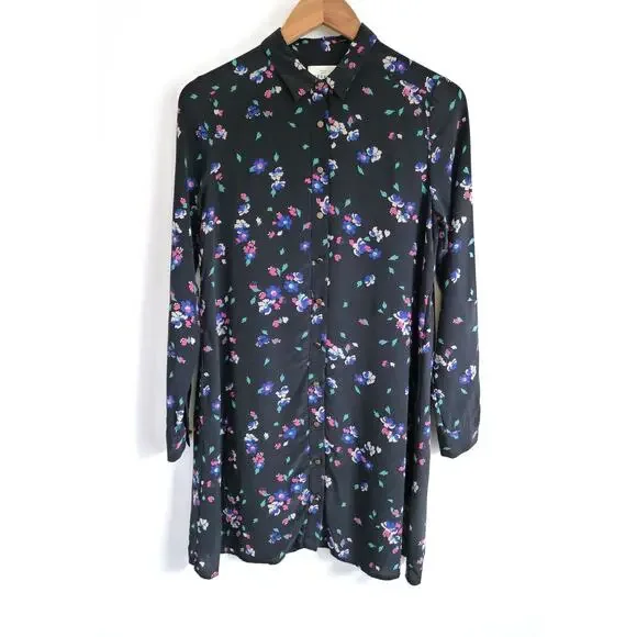SEZANE Silk Black Pink Floral Print Long Sleeve Mini Shift Shirt Dress S $205 - Picture 2 of 11